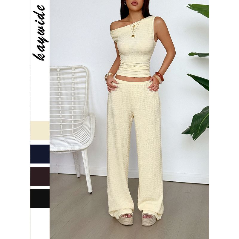 Shoulder Slimming T-shirt and Pants Set Slim-Fit Oblique Shoulder T-shirt Pants Suit