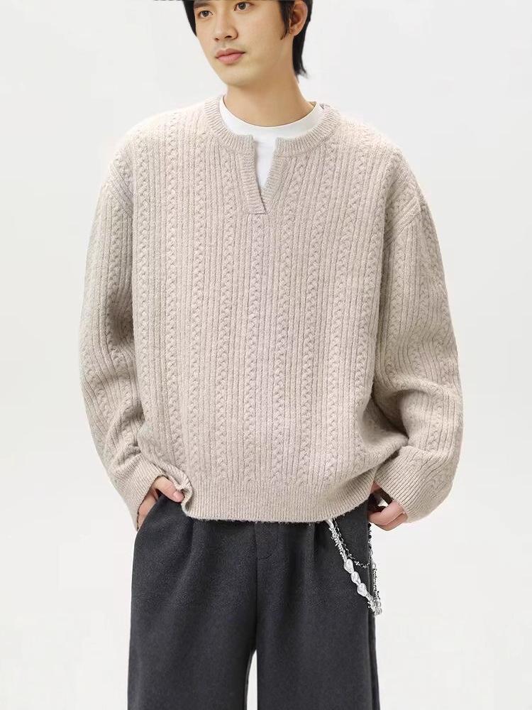 Men’s Retro V-Neck Cable Knit Sweater - Loose Fit, Solid Color, Autumn/Winter Pullover
