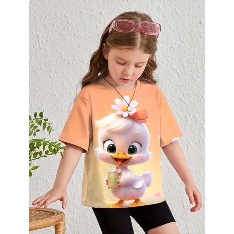 Sommar Rund Hals 3D Tecknade Djur Tryckt Topp Moderiktig Casual Kortärmad Barnflickas T-shirts