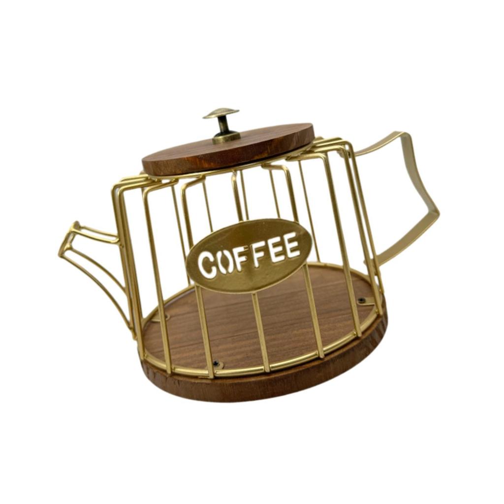 Coffee Pod Holder Storage Basket,Wooden Base,with Lid Metal Sturdy Organizer Coffee Capsule Holder for Kitchen Counter Home