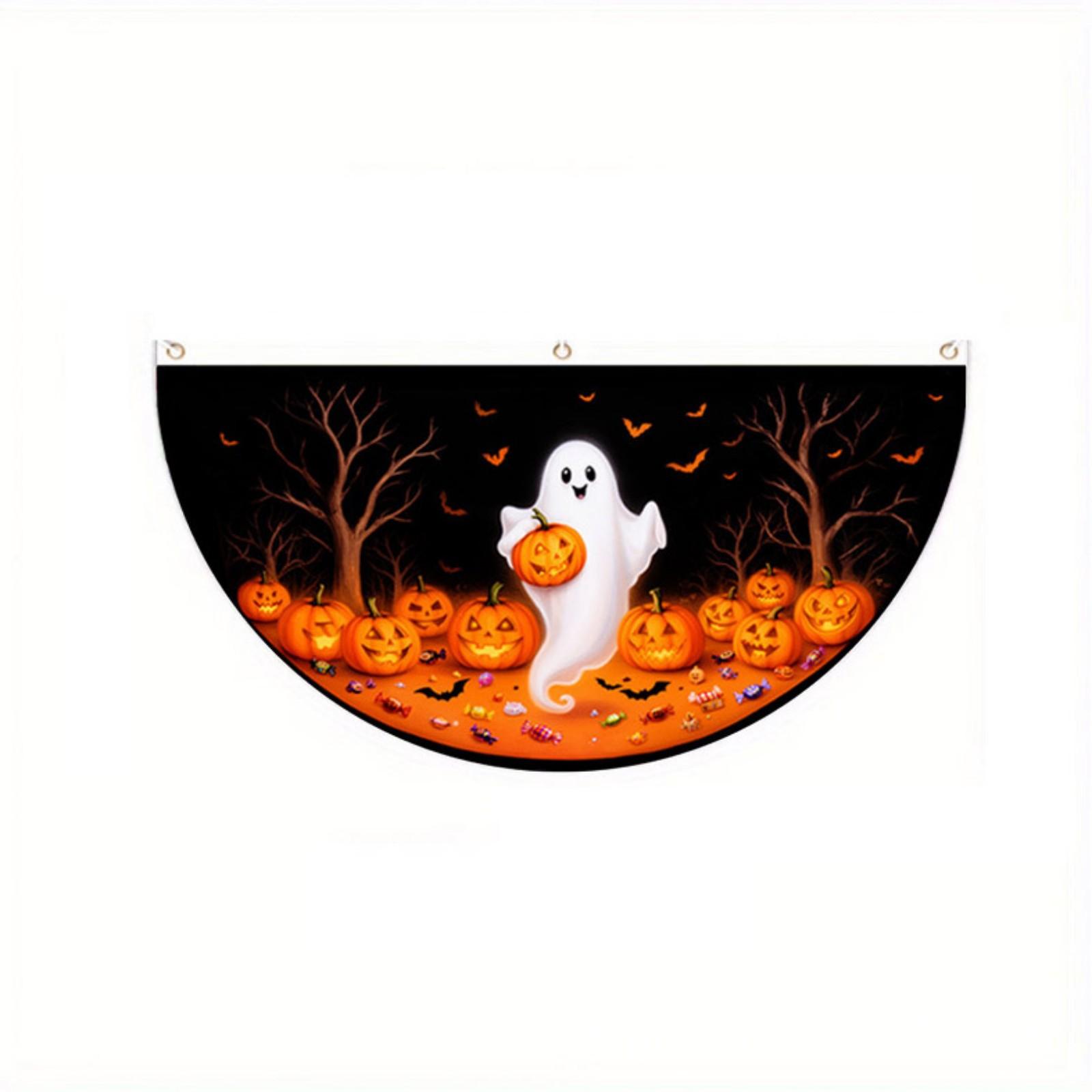 

Halloween Fan Shaped Banner Polyester Festival Decoration Ghost Pumpkin Atmosphere Photo Prop 90x45cm Half Circle Hanging Flag One Size