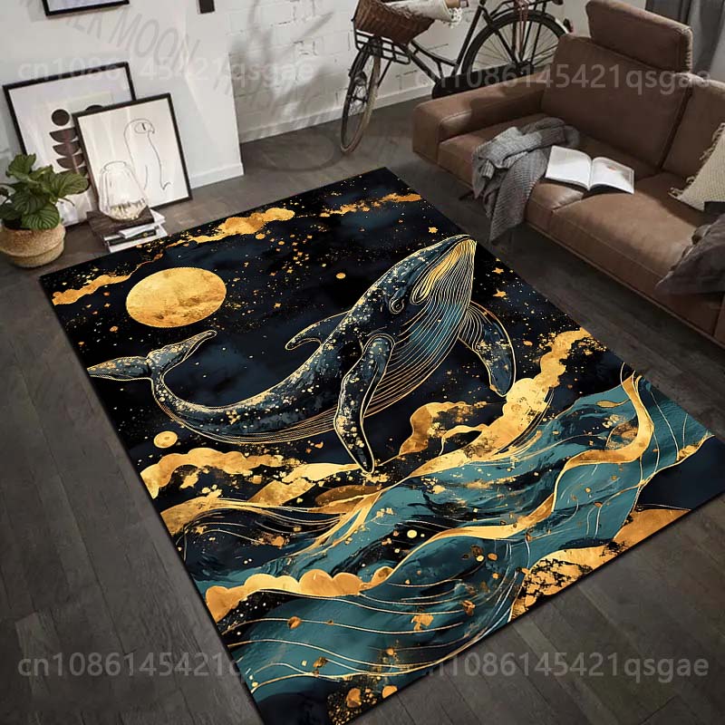 1PC Golden Whale and Moon Print Carpet Rug for Living Room Bedroom Sofa Doormat Home Decor Non-slip Floor Mat
