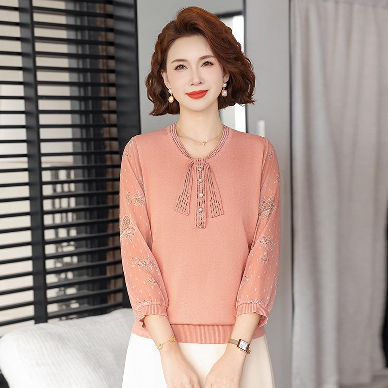 

Elegant Spring 2026 Knitted Top with Gauze Sleeves for Middle-Aged Women XL (Recommended 105-120 jin)