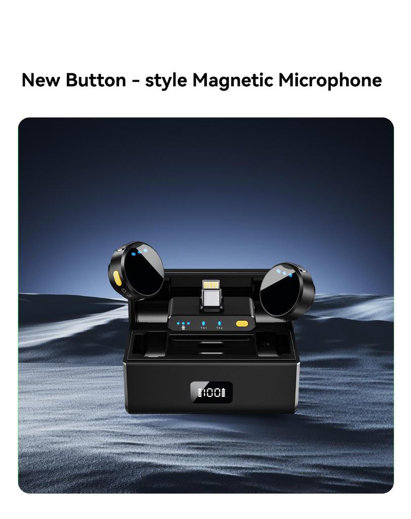 Round Wireless Dual-Channel Lavalier Microphone with Noise Reduction and Charging Case for Outdoor Recording.