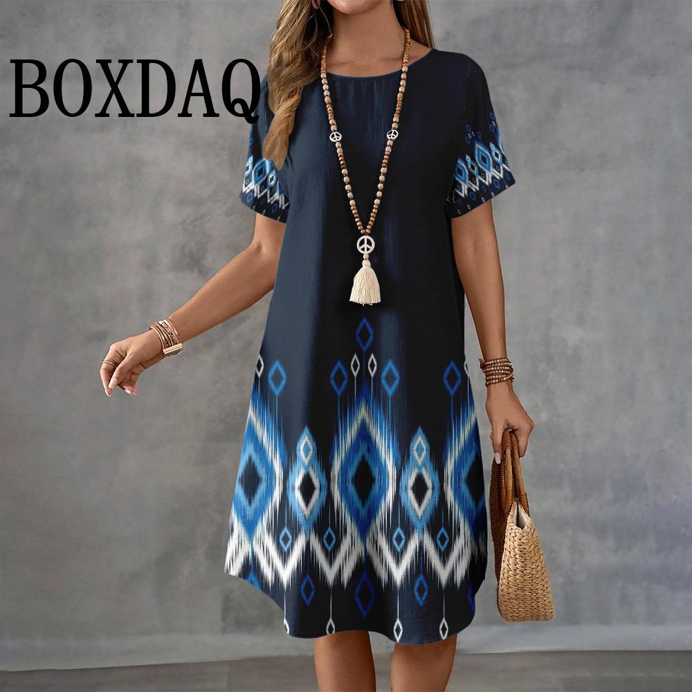 

Летние ретро этнические принты с коротким рукавом повседневные женские О-образные вырезы длиной до колена модные элегантные женские платья А-силуэта 7XL