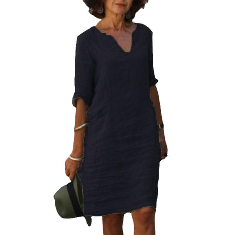 Vintage Solid Mini Dress Women Fashion Summer V-neck Three Quater Sleeve Cotton Linen Party Dresses Ladies Casual