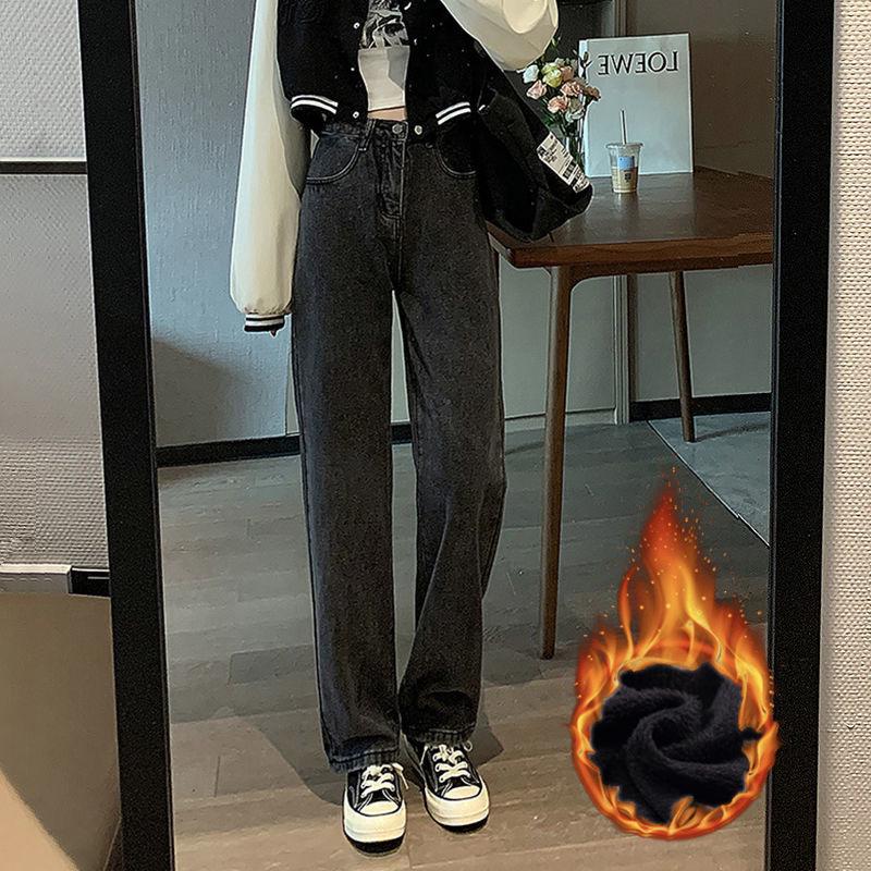 Women s High-Waisted Warm Velvet Wide-Leg Jeans - Korean Style, Loose Fit, Autumn/Winter XL