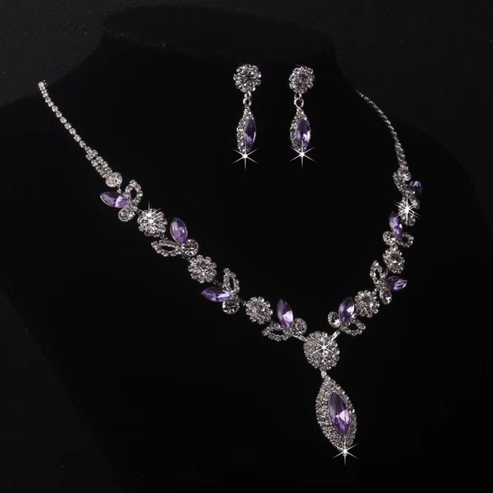 Rhombus Necklace Earrings Three-piece Set Fringed Luxury Rhinestone Jewelry Wedding