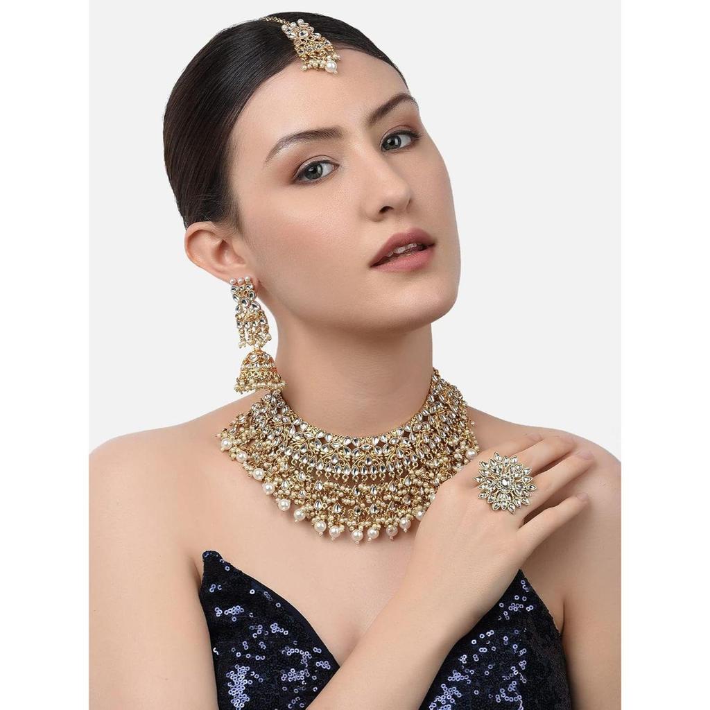 Tone Kundan Choker Necklace Earring Maangtikka & Ring Set For Women