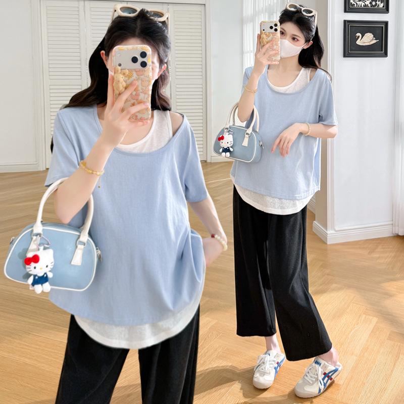 2026 Trendy Plus Size Maternity Patchwork Top - Short Sleeve Spring/Summer Fashion L