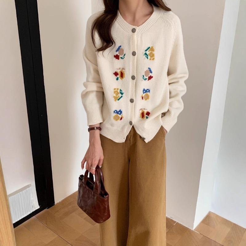 Vintage Autumn and Winter Heavy Industry Jacquard Embroidered Knitted Cardigan Women's High-end Sense Casual Loose Thickened Sweater Jacket Women