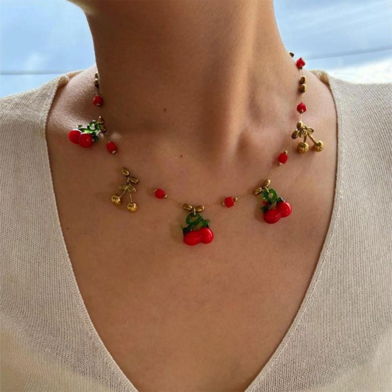 Sweet Cherry Inspired Necklace Stainless Steel Pendant Spring Summer Jewelry Gift Adjustable Chain For Daily Wear