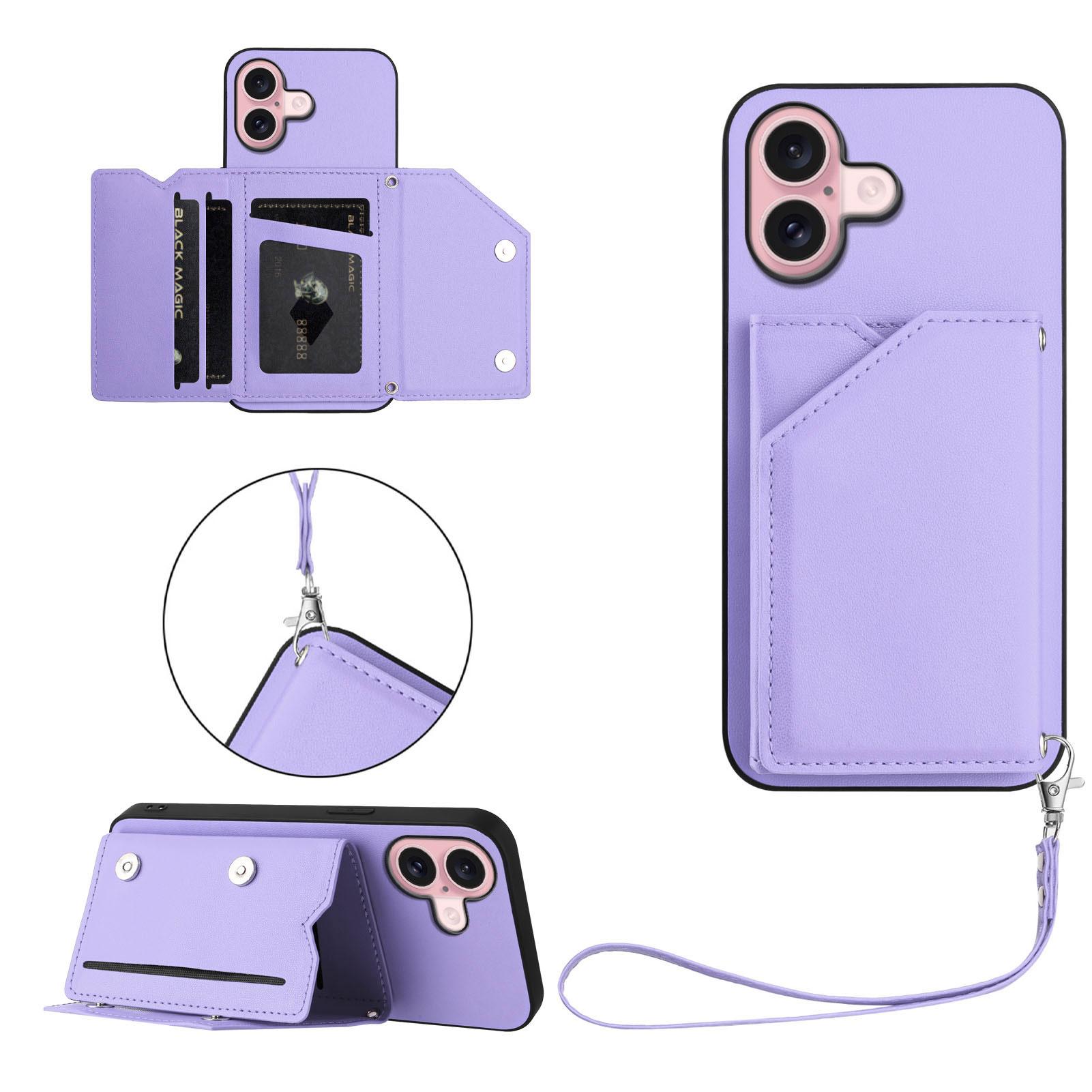 

For iPhone 16 Case Card Holder Kickstand Skin-Touch Phone Cover with Wrist Strap Light Purple