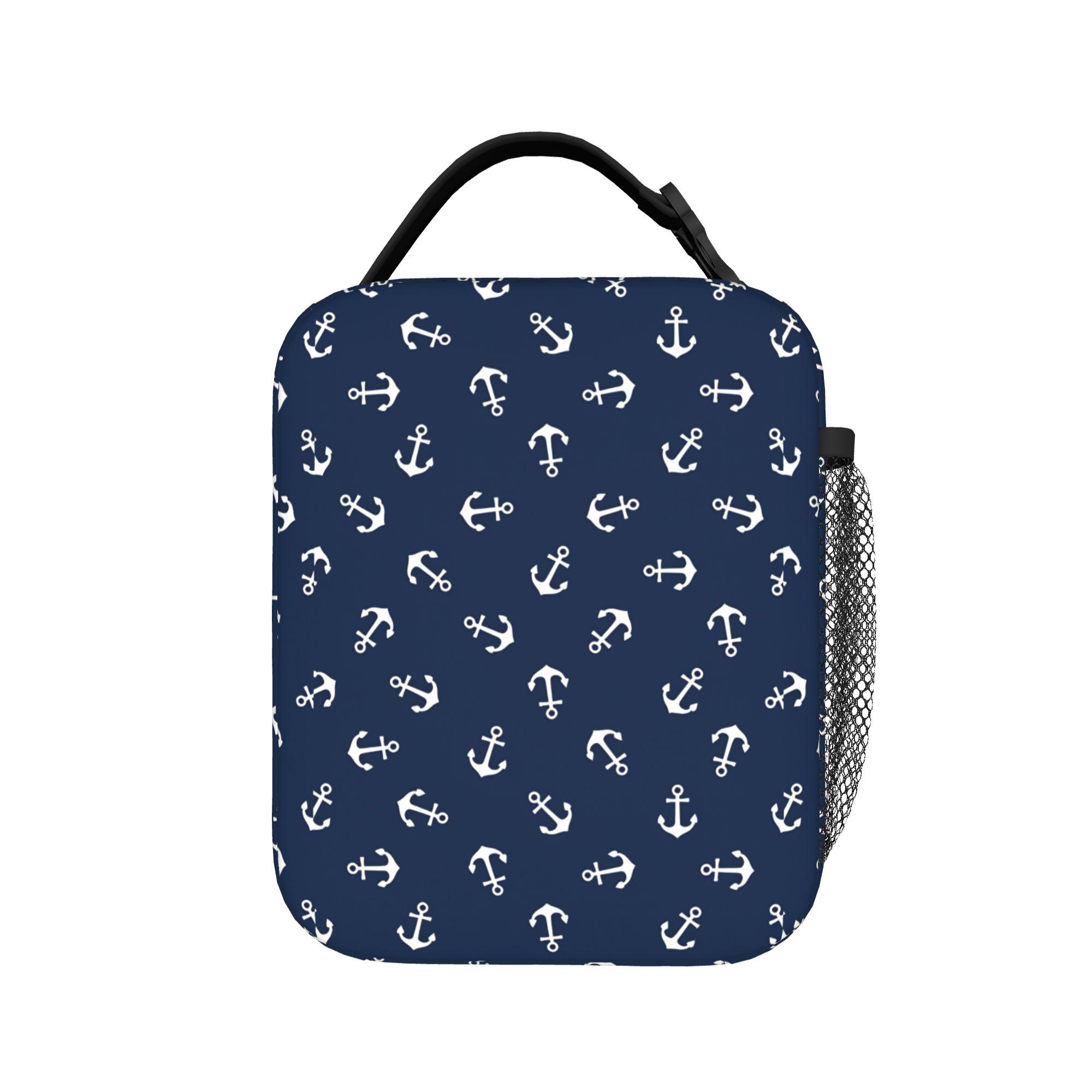 Nautical Blue Anchors With Blue Stripes Lunch Bag For Child Picnic Convenient Cooler Bag Waterproof Custom Thermal Tote Handbags One Size