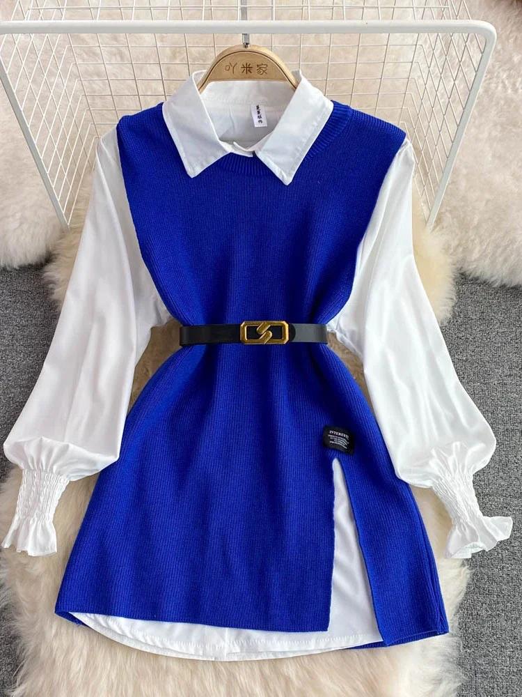 Modă Nouă Coreeană Doamnă de Birou Rever Mâneci Felinar Cămașă Albă + Vestă Tricotată cu Gât în V Set Casual Două Piese Haine Femei