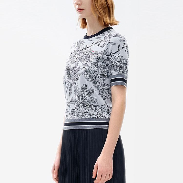 FILA Striped Landscape Pattern Printed Casual Short Sleeve T-Shirt Women Tops White F11W221409F-WT