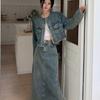 Women's Denim Two-Piece Set: Frayed Hem Midi Skirt & Short Jacket, Slimming Retro High-Waist Design - Spring/Summer 2025 Collection