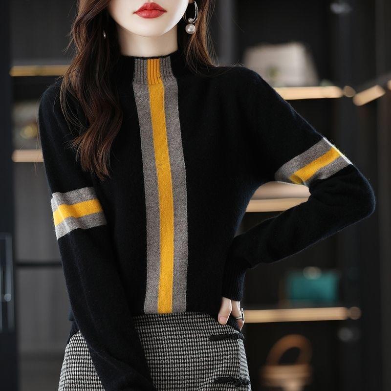 Autumn Winter High Collar Patchwork Sweater Female Loose Casual Jumpers Top Women Fashion Knitted Pullovers
