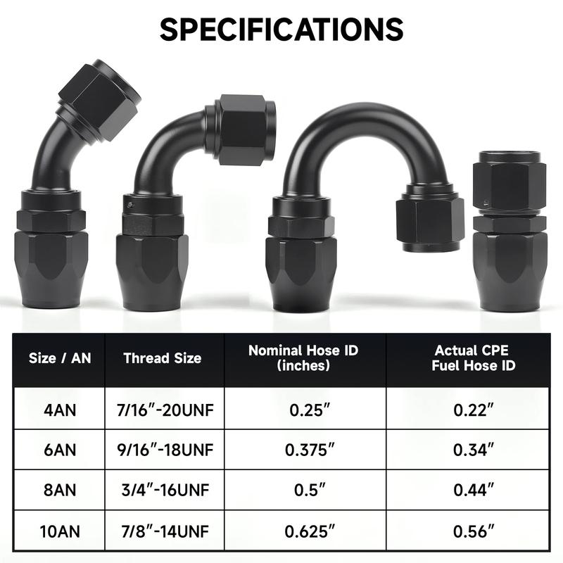 2 Pcs Universal AN4 AN6 AN8 AN10 Straight 0 45 90 180 Deg Aluminum Swivel Hose End Fitting Adapter For Oil Fuel CPE Line Black