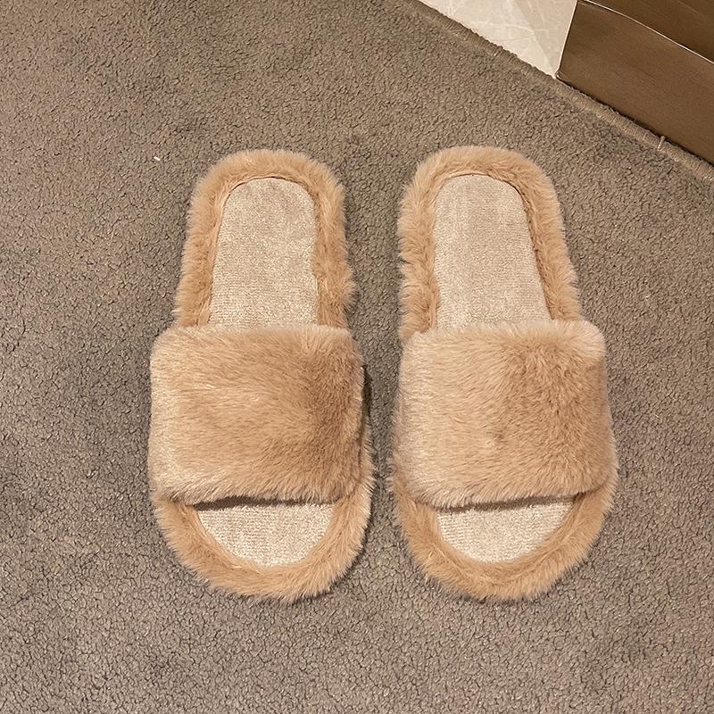 Leisure Slippers for Women Casual Flat Low Heels Sweet Short Plush Shoes for Women Solid Fur Slip on Winter Slides Plus Size