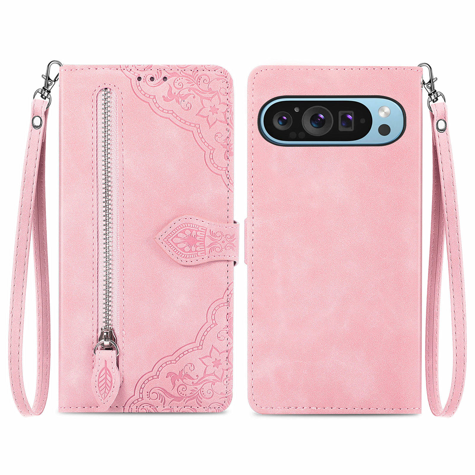 

Чехол-кошелек на молнии для Google Pixel 10 Pro/Pixel 10/Pixel 9 Pro/Pixel 9 с ремешком, с цветочным тиснением, из ПУ кожи, чехол для телефона Pink