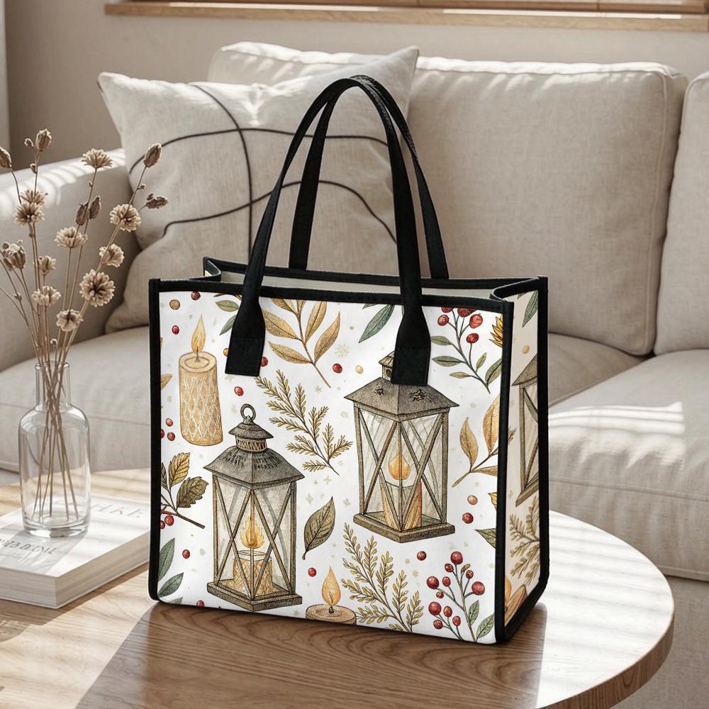 Vintage Winter Printed Canvas Tote Bag Casual Large Capacity Daily Carry Handbag