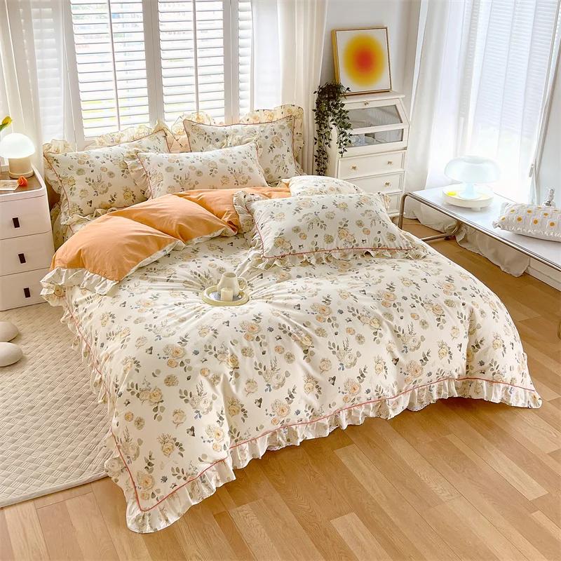 Princess Style Ruffles 100% Cotton Quilt Cover Set or Single Quilt Covers Floral Soft Duvet Cover Cotton Cute Comforter Covers