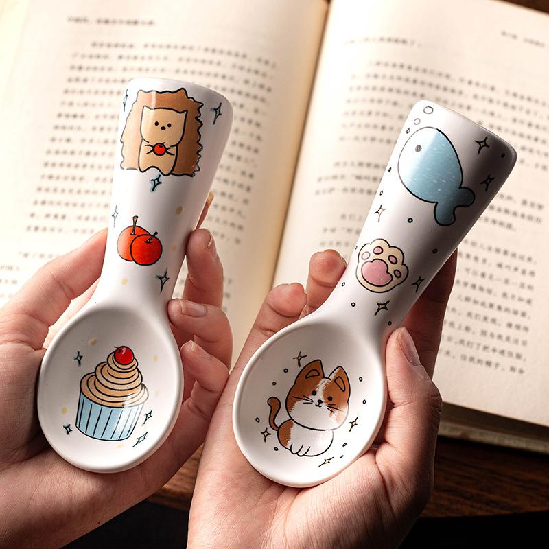 Cartoon Ceramic Spoon Cute Creative Ice Cream Spoon High-end Aesthetic Design Rice Spoon Home Children's Dessert Spoons