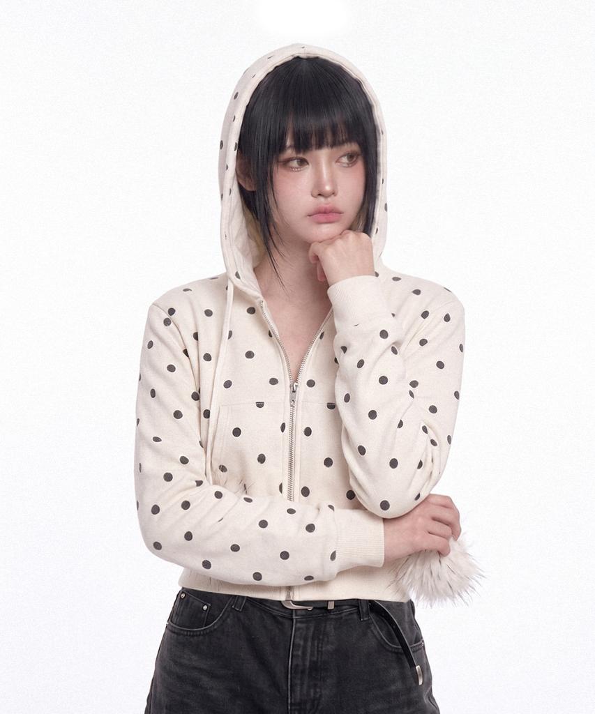 The Green Lab Fur Hood Dot Zip-Up [White]