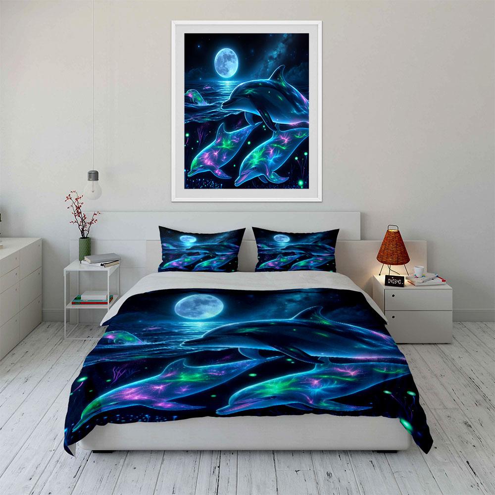 Neon Dolphins Under Moonlight Bedding Set For Kids Luxury Gift 3Pcs Digital Print Comforter Set Soft Comfortable Breathable