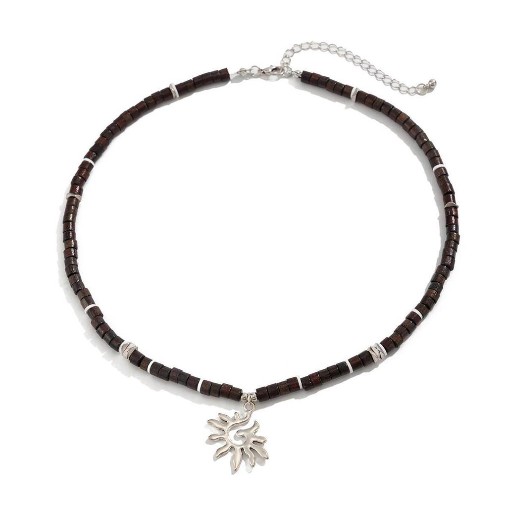 SHIXIN Minimalist White/Brown Wooden Bead Chain Choker Necklace for Men New Trendy Sun Pendant Necklace Male Jewelry Accessories
