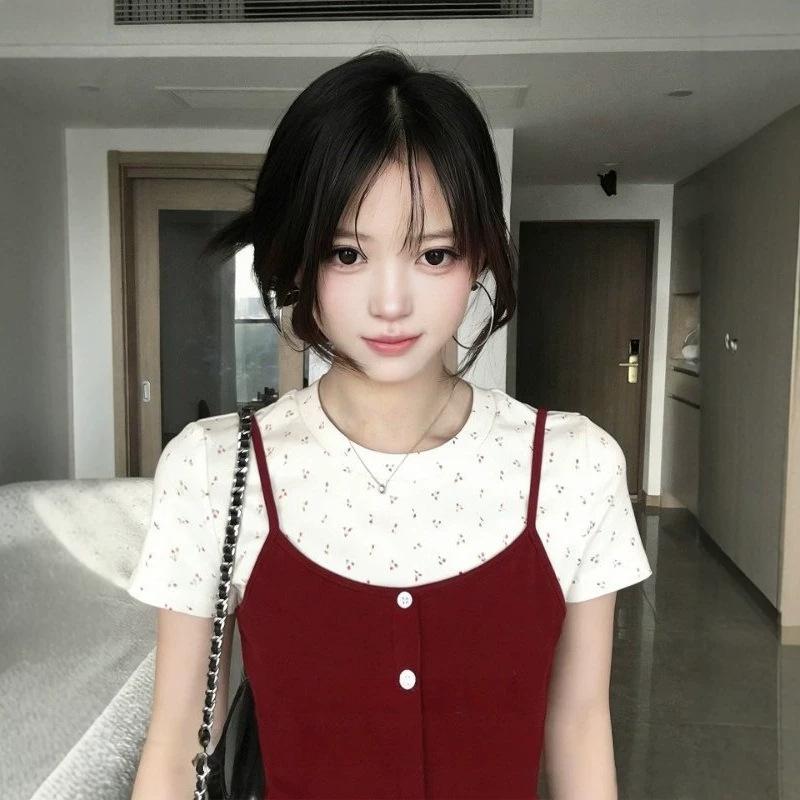 Korean Chic Fake Two-piece Front Shoulder Short Sleeve T-Shirt Women's Summer Ballet Sweet Style Slim Skinny Versatile Top