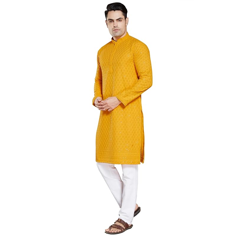 Divisive Men'S Sequince Embroidered Cotton Blend Only Kurta (Dkrt1_Xxxl_Yellow)