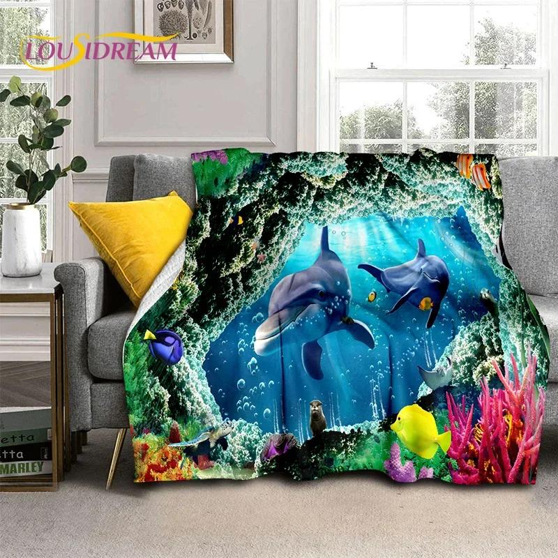 3D Illusion Underwater World Seabed Shark Dolphin Soft Flannel Blanket for Beds Bedroom Sofa Picnic,Throw Blanket Outdoors Gifts