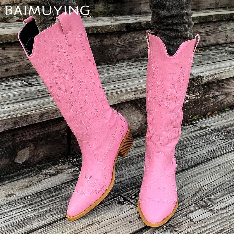 Embroidery Chunky Women High Boots Pointed Toe Designer Mid Heels Shoes 2025 Trend Winter Pumps Knee High Chelsea Botas De Mujer