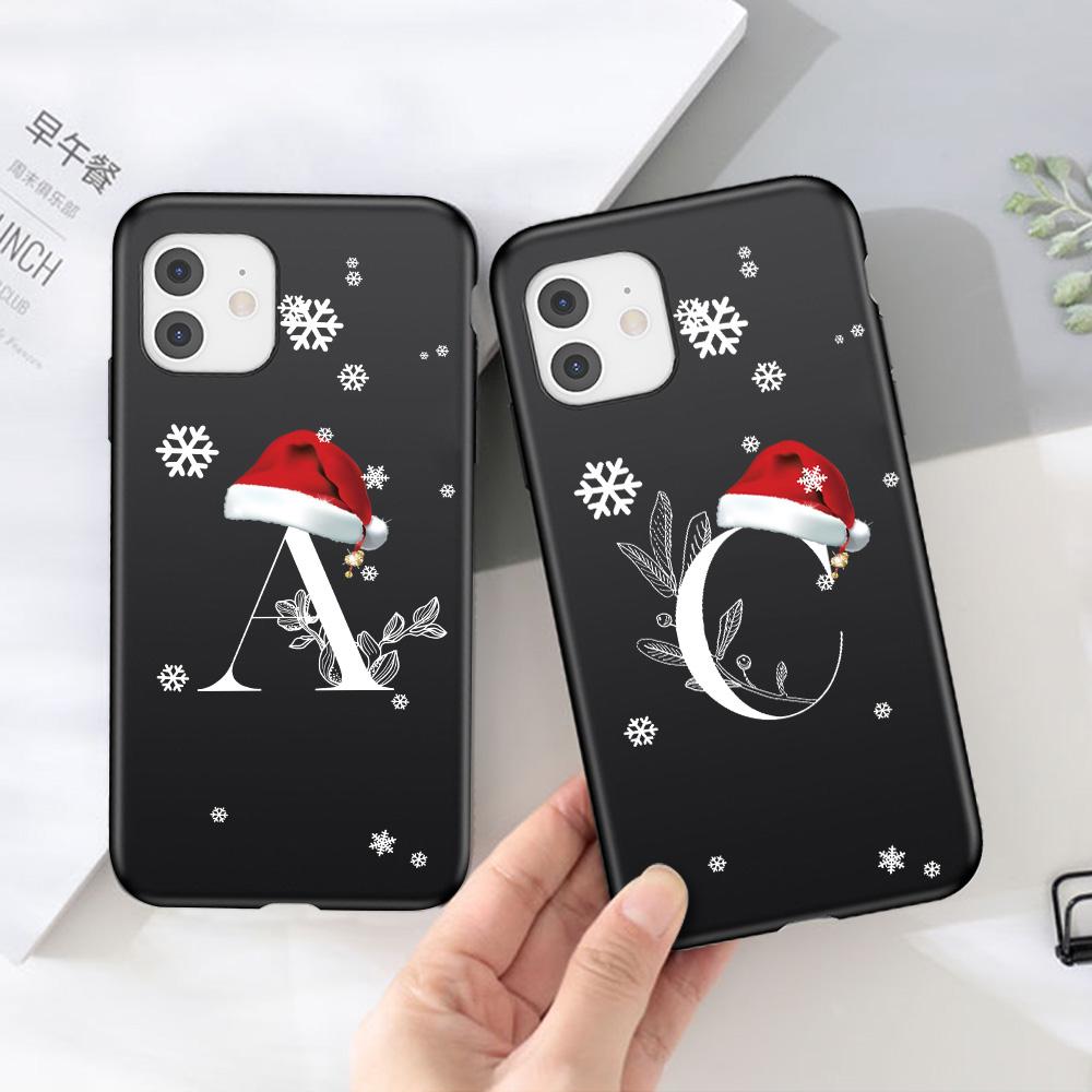 Vánoční dárek Art White Letter A To Z Pouzdro pro iPhone 13 Mini 12 11 13 Pro Max X XS Max 7 8 Plus Cute Red Hat Shockproof Cover
