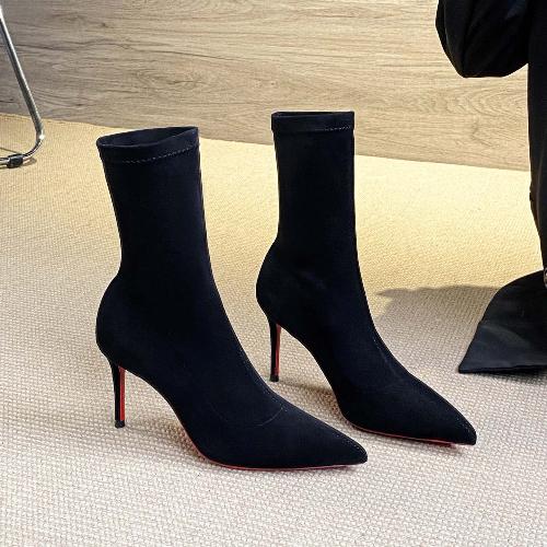 

Women Pointed Toe High Heel Boots Autumn Winter Elastic Sock Mid Calf Slimming Ankle Boots Black 34