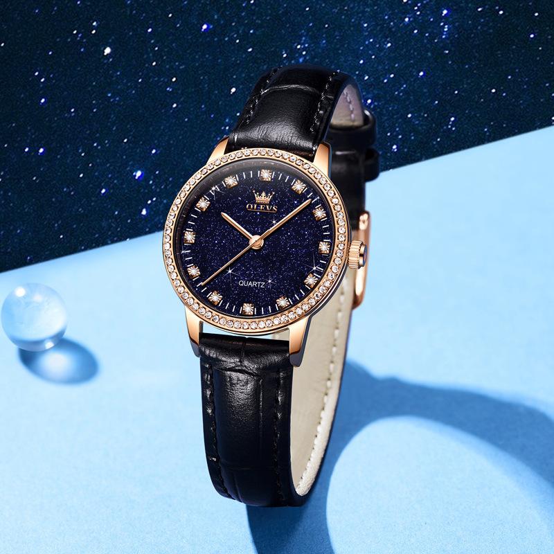 OLEVS Women's Watches Elegant Fashion Quartz Wristwatch for Ladies Diamond Scale Starlight Dial Waterproof Luminous Leather Wristwatch