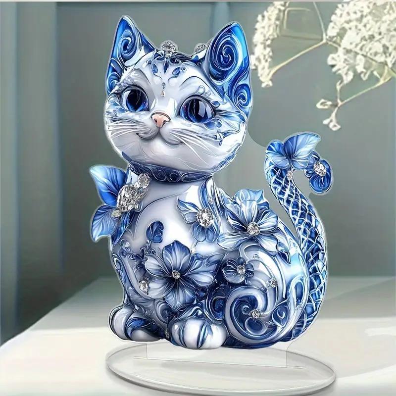 2D Flache Böhmische Katze Acryl Schreibtischdekoration, Design mit Blumendekor, Wanddekoration Plakette zum Aufhängen, Dekorative Gartendekoration für Zimmer Tür