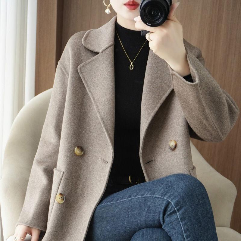 Palton Scurt din Lână Dublu Fațetat pentru Mame Croială Largă Slim Fit Jachetă Trench Îmbrăcăminte Exterioară pentru Femei de Vârstă Mijlocie