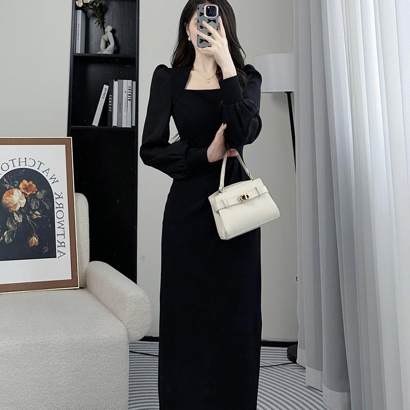 Womens Pink Midi Dress Square Neck Slim Fit French Chic Casual Cotton Long Sleeve