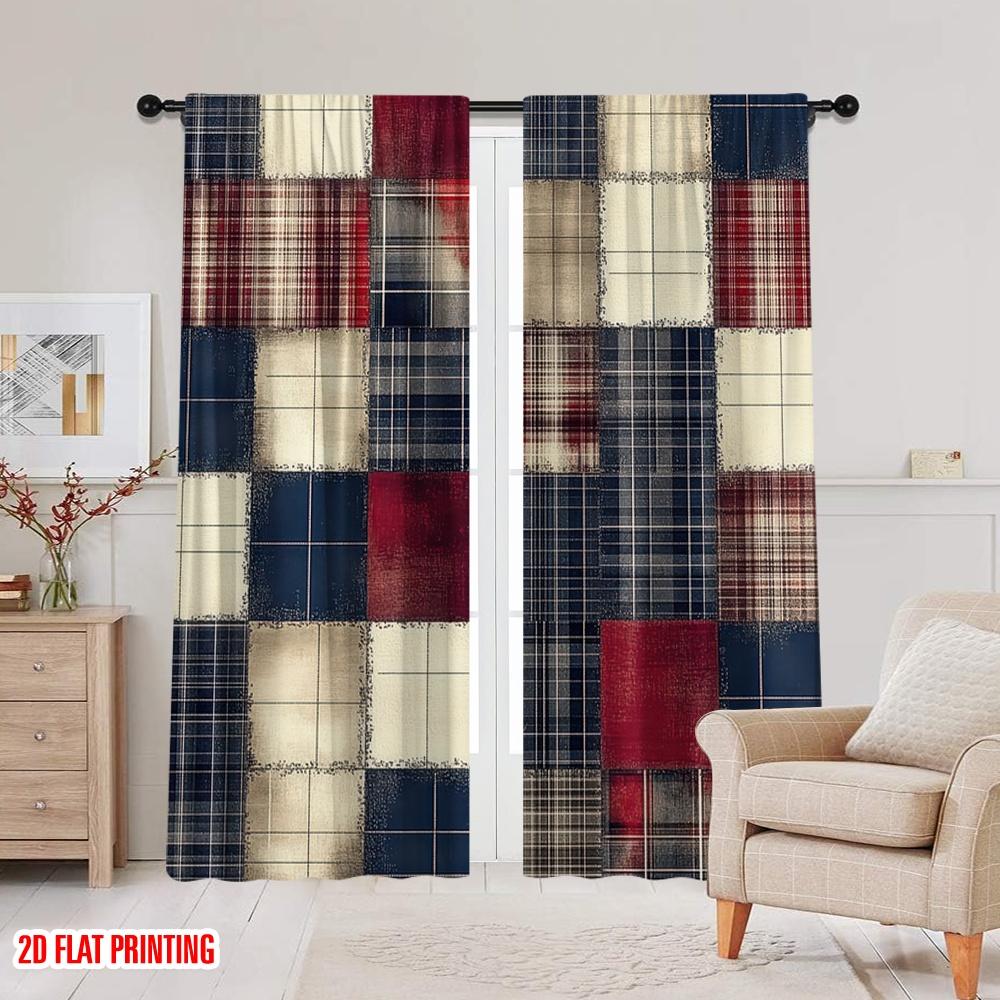 2D Flat Printing 2pcs Curtains Plaid Pattern1 Machine Washable Polyester  Without Electricity Spring Party & Holiday Decor