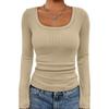 Women‘s Ribbed Square Neck Top, Long Sleeve Slim Fit Basic Shirt for Fall Winter Spring, Casual Crop Tee