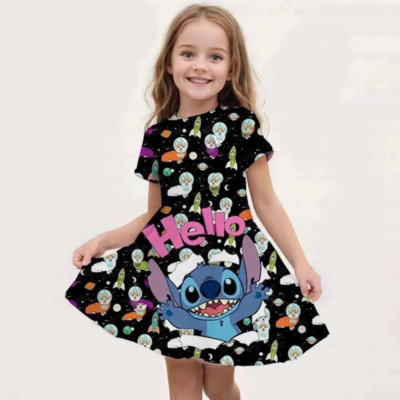 Disney Summer Girls Cute Cartoon Stitch Printed Dress Fashion One-piece Dress Kids Daily Casual Short Sleeve Clothing Outfit