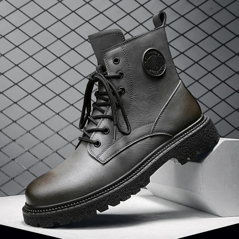 Winter Plush Mens Lace Up Leather Boots Genuine Leather Boots British Style Casual High Top Leisure Side Zipper Motorcycle Boots