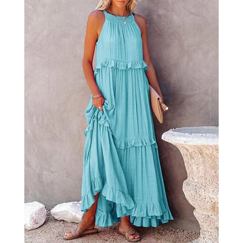 DAFIFY Women's Fashion Summer Spring Solid Color Print Sleeveless Hanging Neck Loose Waistline Casual Dresses