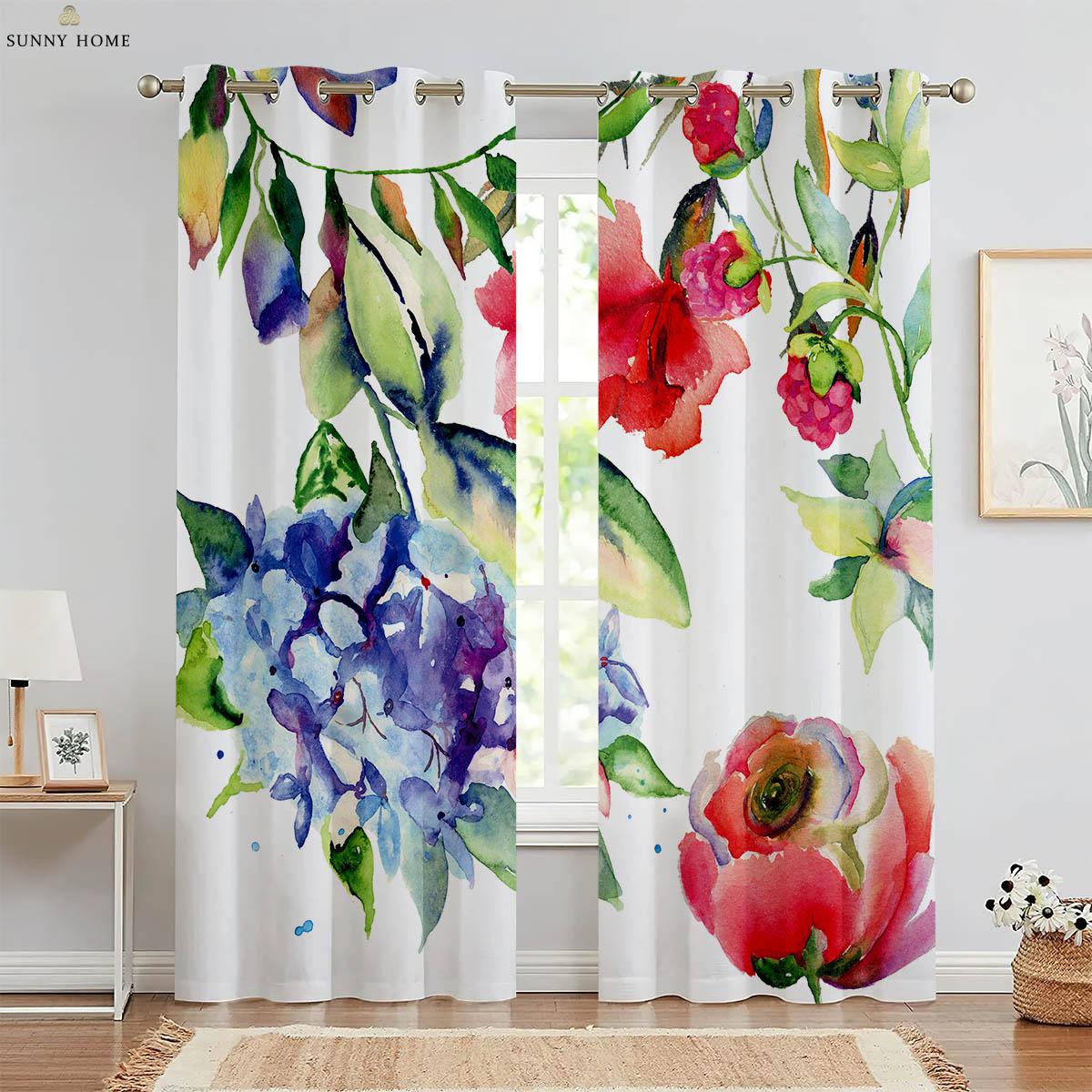Aquarell Blumenmuster Vorhänge Pastoraler Stil Polyesterfaser Maschinenwaschbar Schlafzimmer Wohnzimmer Dekorative Vorhänge 2 Stück W106.5xH213(CM)x2PCS&Grommet Top