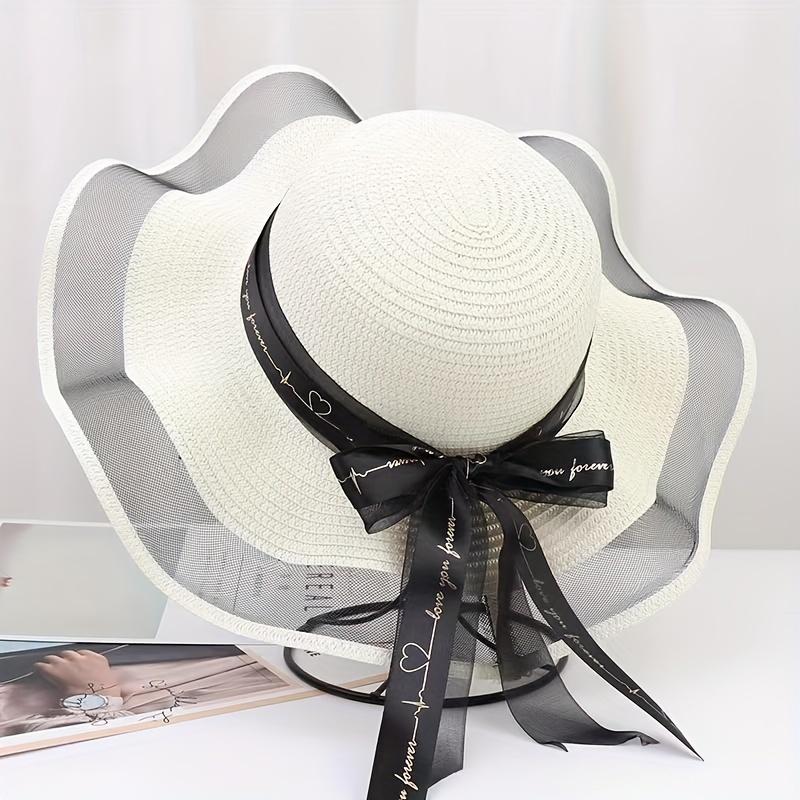 high quality1pc outdoor beach hat, large eaves bow ribbon beach hat for ladies, round-topped straw hat, bow sun hat