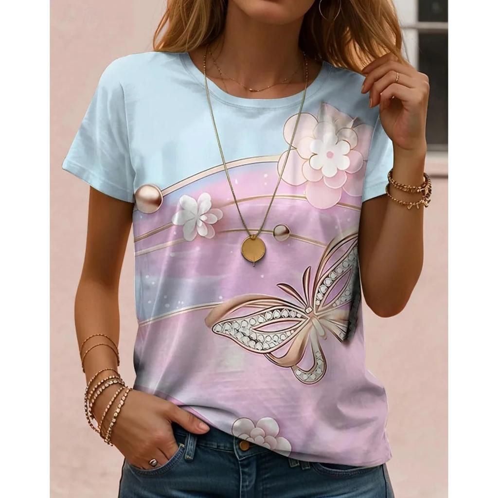 Women's Cute Cat Printed Short Sleeve T-shirt - Soft Peach Red Short Sleeve Top with Round Neck Design for Outdoor Sports