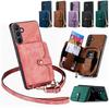 Carteira Porta-Cartões com Zíper Capa de Celular em Couro Para Para Samsung Galaxy S24 Ultra S23 S22 Plus S21 FE A54 A14 A15 Cordão Suporte